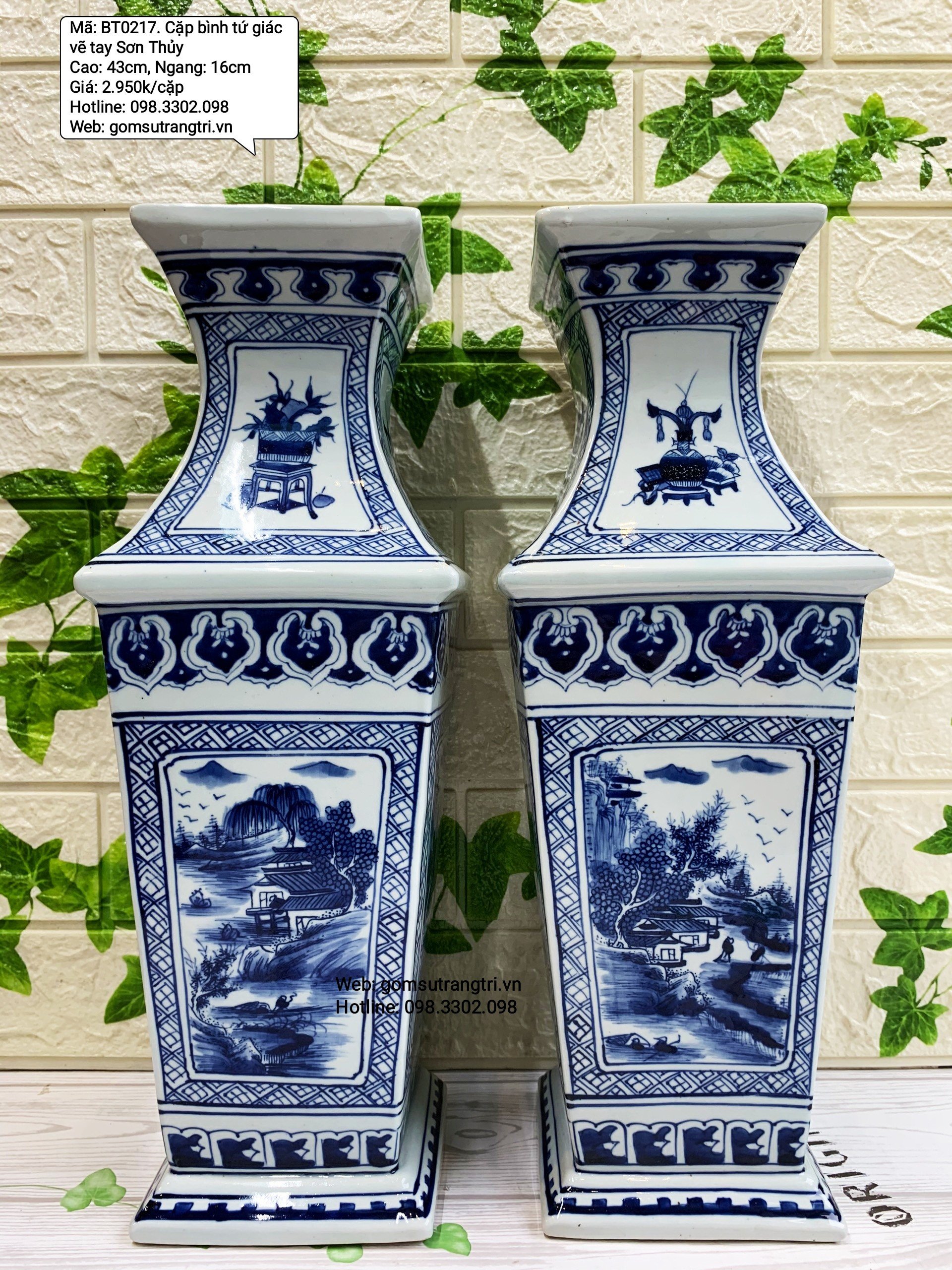 Cặp Bình Tứ Giác Vẽ Tay Sơn Thủy