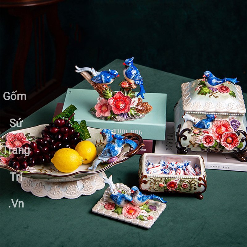 Tượng Đôi Chim Trĩ Men Xanh