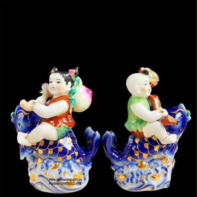 Bộ Tượng Tiểu Đồng Cưỡi Cá Chép Xanh