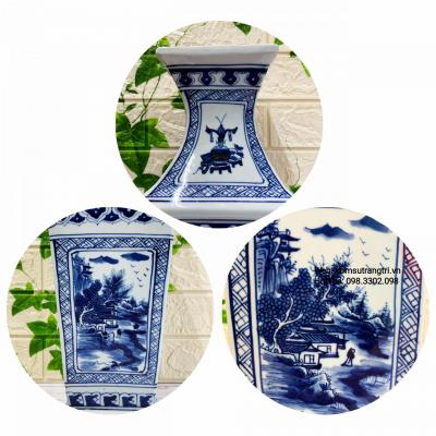 Cặp Bình Tứ Giác Vẽ Tay Sơn Thủy