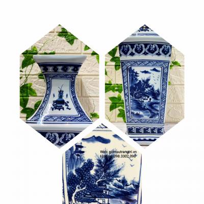 Cặp Bình Tứ Giác Vẽ Tay Sơn Thủy