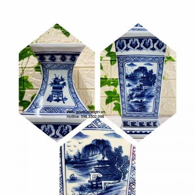 Cặp Bình Tứ Giác Vẽ Tay Sơn Thủy