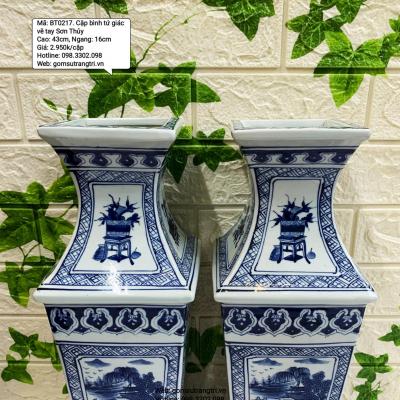 Cặp Bình Tứ Giác Vẽ Tay Sơn Thủy