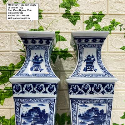 Cặp Bình Tứ Giác Vẽ Tay Sơn Thủy