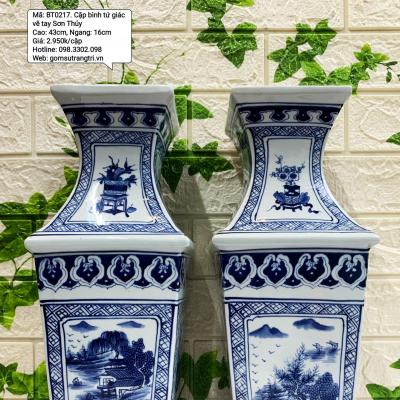 Cặp Bình Tứ Giác Vẽ Tay Sơn Thủy