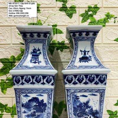 Cặp Bình Tứ Giác Vẽ Tay Sơn Thủy