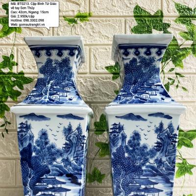 Cặp Bình Tứ Giác Vẽ Tay Sơn Thủy